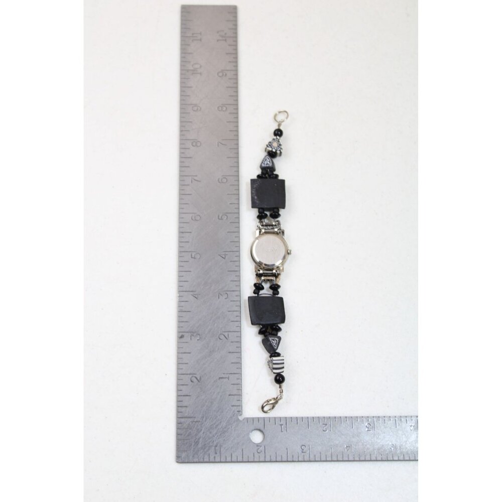 Wristwatch Face Beaded Black Bead Silvertone Needs Battery Vintage 93444 - Picture 3 of 3